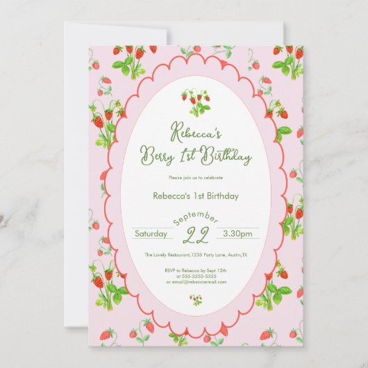 Berry Eerste 1e Verjaardag Aardbei en Roze Kaart (Voorkant)