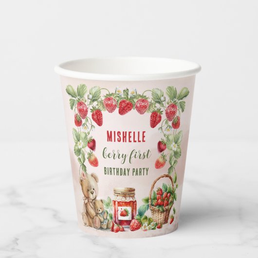 Berry Eerste Aardbei en Beer Verjaardag Papieren Bekers (Voorkant)