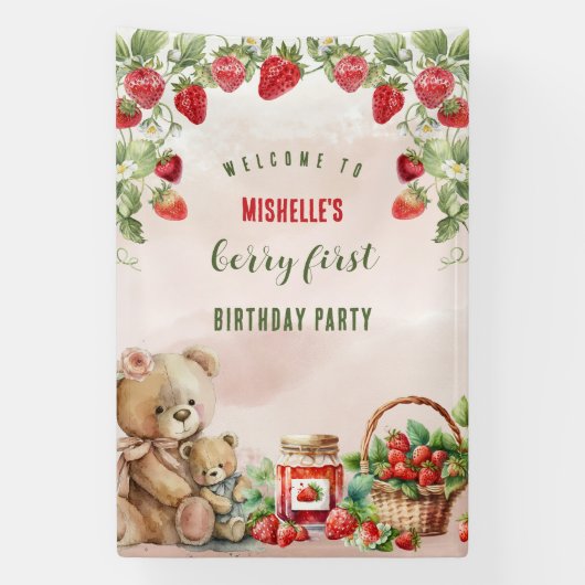 Berry Eerste Aardbei en Beer Verjaardag Spandoek (Verticaal)