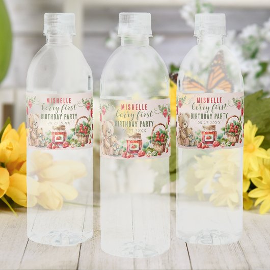 Berry Eerste Aardbei en Beer Verjaardag Waterfles Etiket