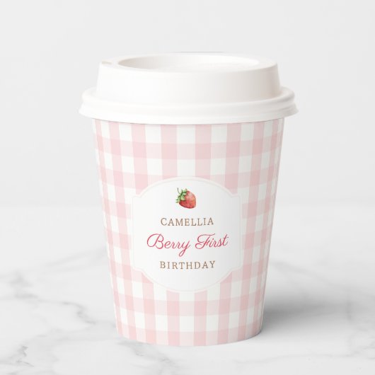 Berry Eerste Aardbei Roze Gingham Verjaardagsfeest Papieren Bekers (Achterkant)