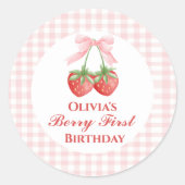 Berry eerste aardbei verjaardag Pink Bow Gingham Ronde Sticker (Voorkant)
