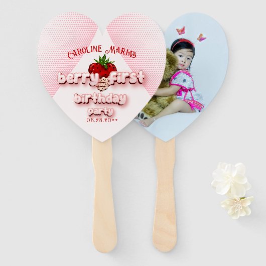 Berry Eerste aardbeien 1e verjaardag Handwaaier (Voorkant en achterkant)