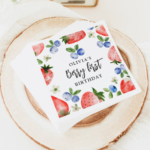 Berry eerste aardbeien en bosbessen verjaardag servet