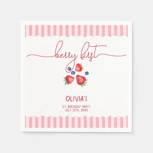 Berry eerste aardbeien rood meisje 1e verjaardagsf servet (Voorkant)
