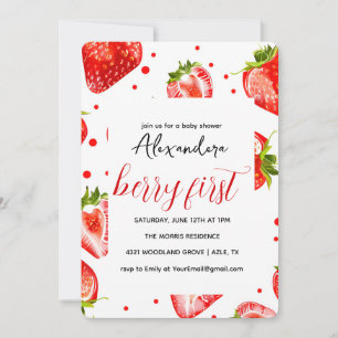 Berry eerste aardbeien verjaardag uitnodiging, roo kaart