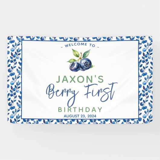 Berry eerste Blueberry 1e verjaardagsfeestje Spandoek (Horizontaal)