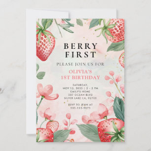 Berry Eerste Roze Bloemen 1e Verjaardag Uitnodigin Kaart