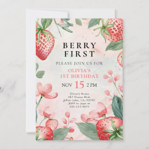 Berry Eerste Roze Bloemen 1e Verjaardag Uitnodigin Kaart
