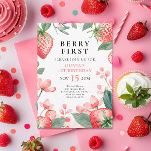 Berry Eerste Roze Bloemen 1e Verjaardag Uitnodigin Kaart