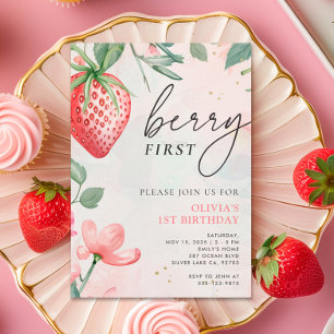 Berry Eerste Roze Bloemen 1e Verjaardag Uitnodigin Kaart