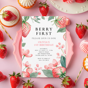 Berry Eerste Roze Bloemen 1e Verjaardag Uitnodigin Kaart