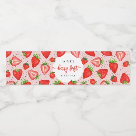 Berry Eerste Verjaardag | Aardbei 1e verjaardag Waterfles Etiket (Enkel label)