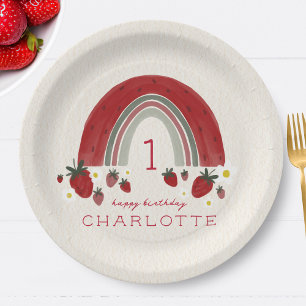 Berry Eerste Verjaardag Aardbei Regenboog Bloemen Papieren Bordje