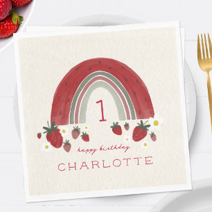 Berry Eerste Verjaardag Aardbei Regenboog Bloemen Servet