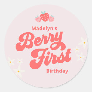 Berry Eerste Verjaardag Aardbei Roze Classic Ronde Ronde Sticker