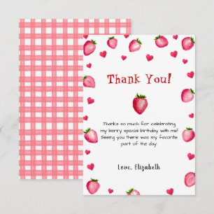 Berry Eerste Verjaardag Aardbei Zomer Gingham 1e Bedankkaart