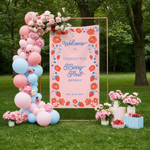 Berry Eerste Verjaardag Bloemen Aardbei Welkom Spandoek