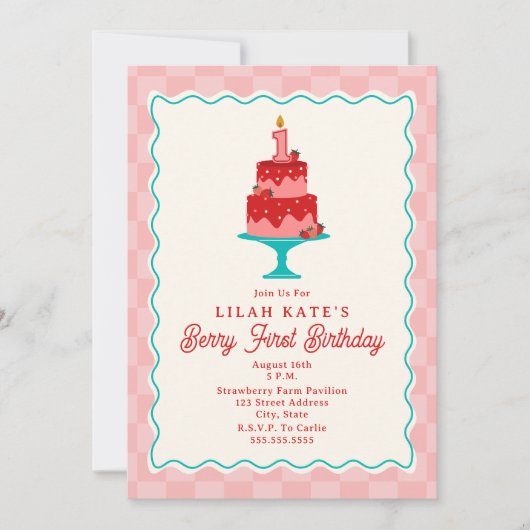 Berry Eerste Verjaardag Checkerboard Aardbeientaar Kaart (Voorkant)