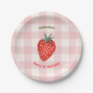 Berry Eerste Verjaardag Roze & Plaid Papier Borden Papieren Bordje
