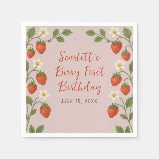 Berry Eerste Verjaardag Schattigee Aardbei Bloemen Servet (Voorkant)