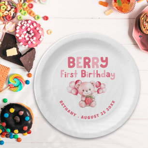 Berry Eerste Verjaardag Teddybeer Aardbei Roze Papieren Bordje