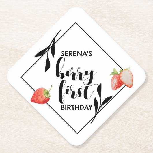 Berry First | 1e verjaardag | Aardbei | Modern Kartonnen Onderzetters (Voorkant)