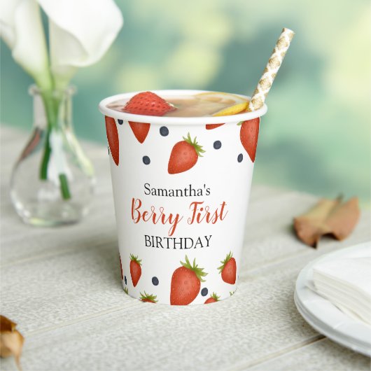 Berry First Birthday aardbeien en bosbessen Papieren Bekers (Insitu)