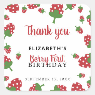 Berry First Birthday Cute Strawberry Girl Custom Vierkante Sticker
