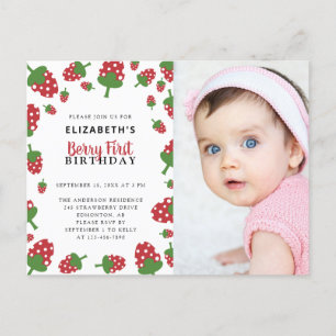 Berry First Birthday Cute Strawberry Photo Invitat Briefkaart