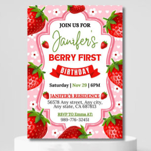 Berry First Birthday Invitation, bewerkbare 1e ver Kaart