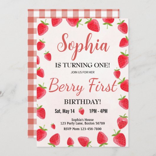 Berry First Birthday Invitation Invitation fraise (Devant / Derrière)