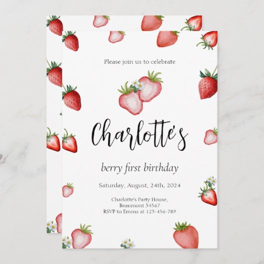 Berry First Birthday Invitation Kaart (Voorkant / Achterkant)