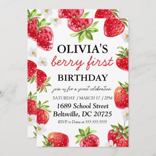 Berry First Birthday Invitation Modern Strawberry (Devant / Derrière)