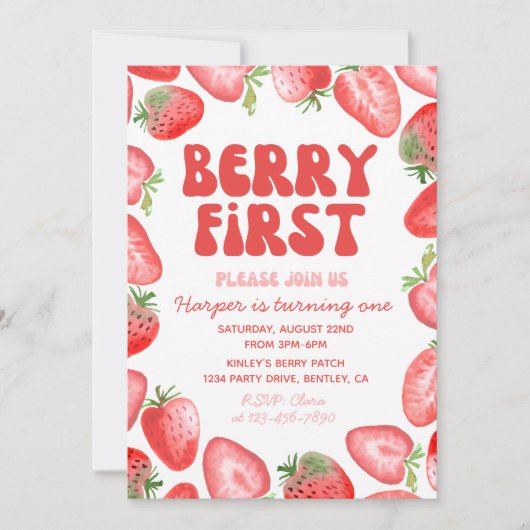 Berry First Birthday Invitation | Retroaardbei Kaart (Voorkant)