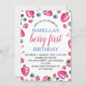 Berry First Birthday Invitation Strawberry Theme Kaart (Voorkant)