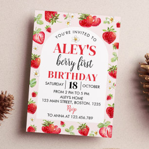 Berry First Birthday Invitation Strawberry Theme Kaart