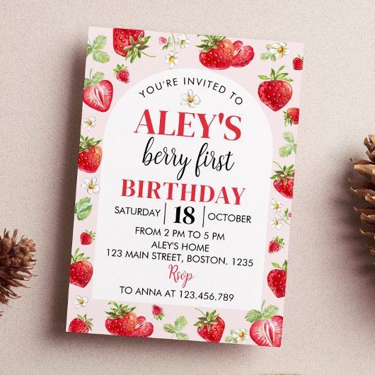Berry First Birthday Invitation Thème fraise