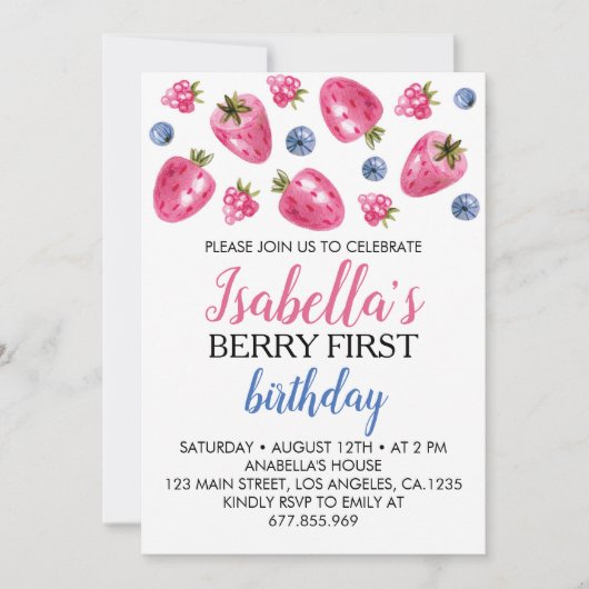 Berry First Birthday Invitation Thème fraise (Devant)
