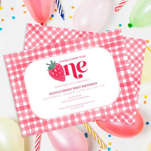 Berry First Birthday Invitation – Waterverf Straw Notitiekaartje