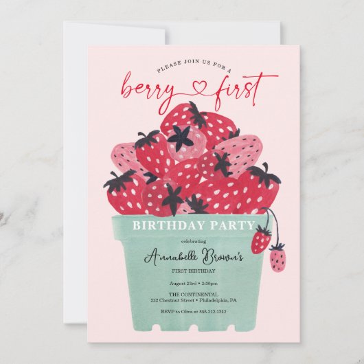 Berry First Birthday Party Invitation fraise (Devant)