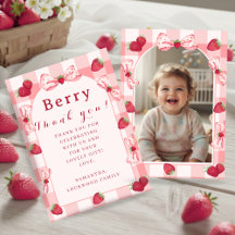 Berry First Birthday Photo Bow Thank You Card