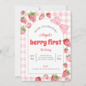 Berry First Birthday Pink Bow Gingham Photo Kaart (Voorkant)