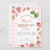 Berry First Birthday Pink Gingham Photo Invitation (Devant)