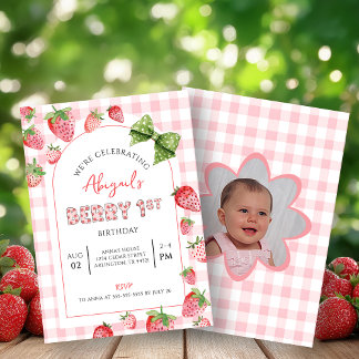 Berry First Birthday Pink Gingham Photo Invitation Kaart