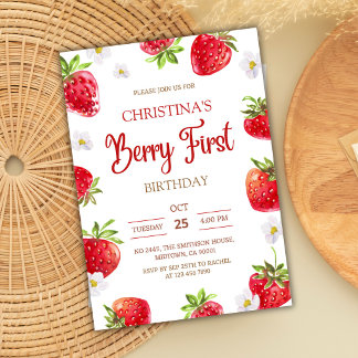 Berry first birthday pink strawberry cute girl kaart