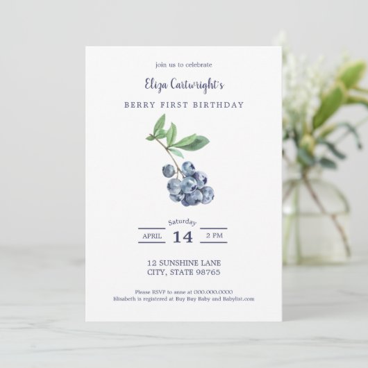 Berry First Birthday Simple Blueberry Invitation (Debout devant)