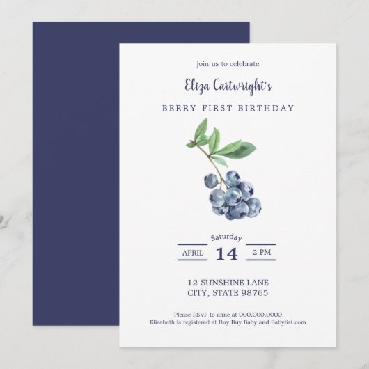 Berry First Birthday Simple Blueberry Invitation Kaart (Voorkant / Achterkant)