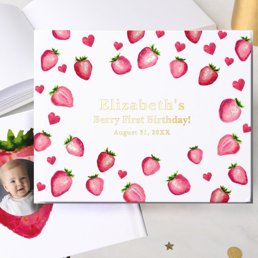 Berry First Birthday Strawberry Custom Photo Gold