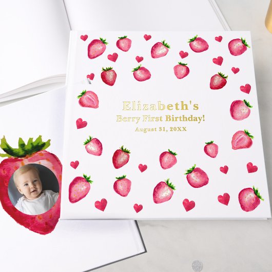 Berry First Birthday Strawberry Custom Photo Gold
